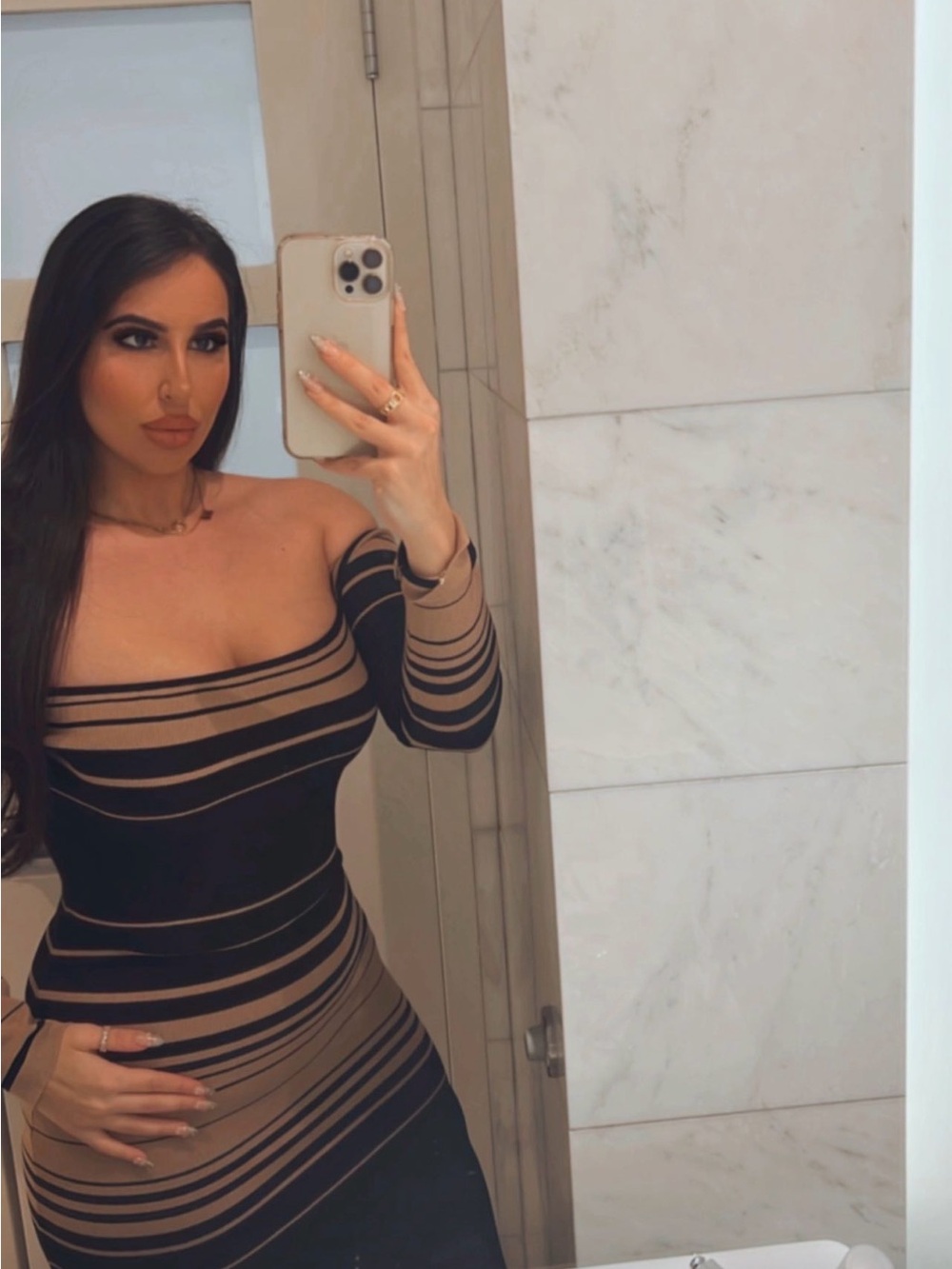 Fashion Nova Black & Tan Off-Shoulder Striped Tunic